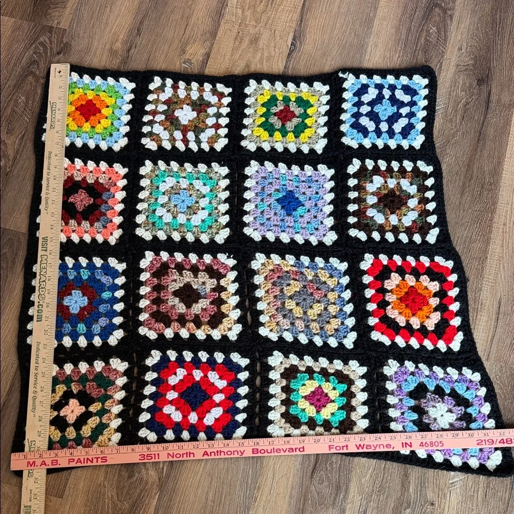 Handmade Crochet Granny Square Blanket - Multicolor on Black lap blanket small